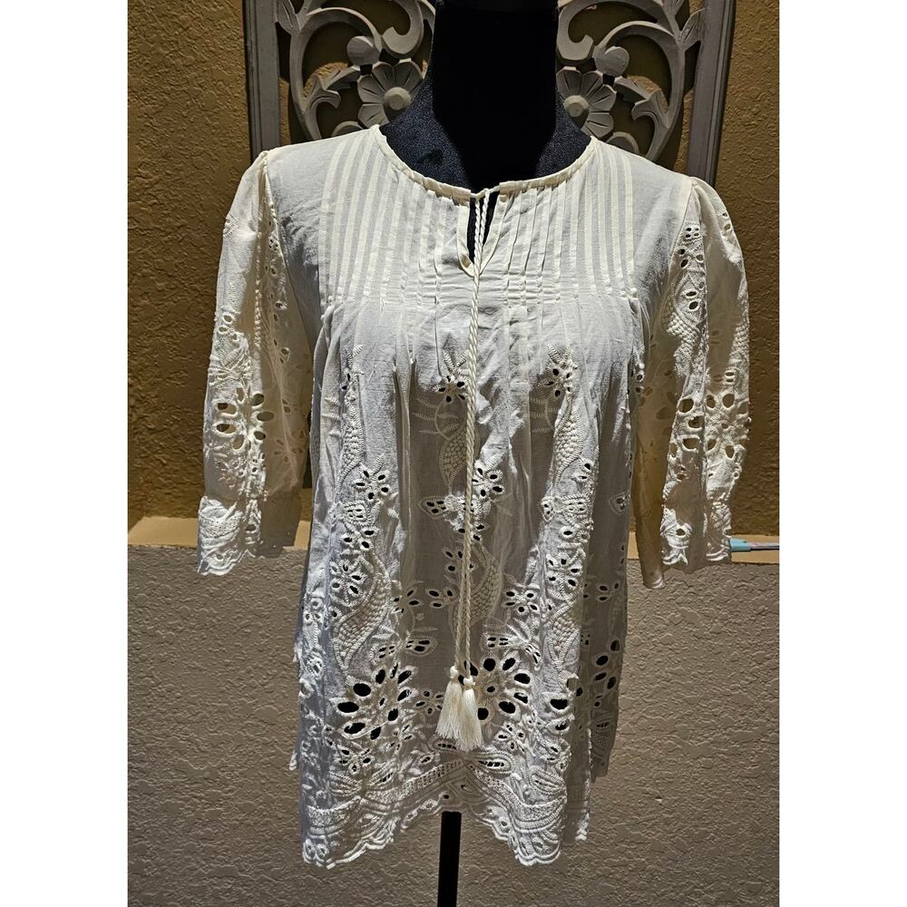 LIV Los Angeles M Boho Eyelet Peasant Top Cottagecore Western Coastal Twee Folk - Picture 2 of 10